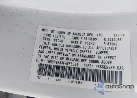 2015 Honda Accord Ex-L z USA, uszkodzony, nr VIN 1HGCR2F83FA066364